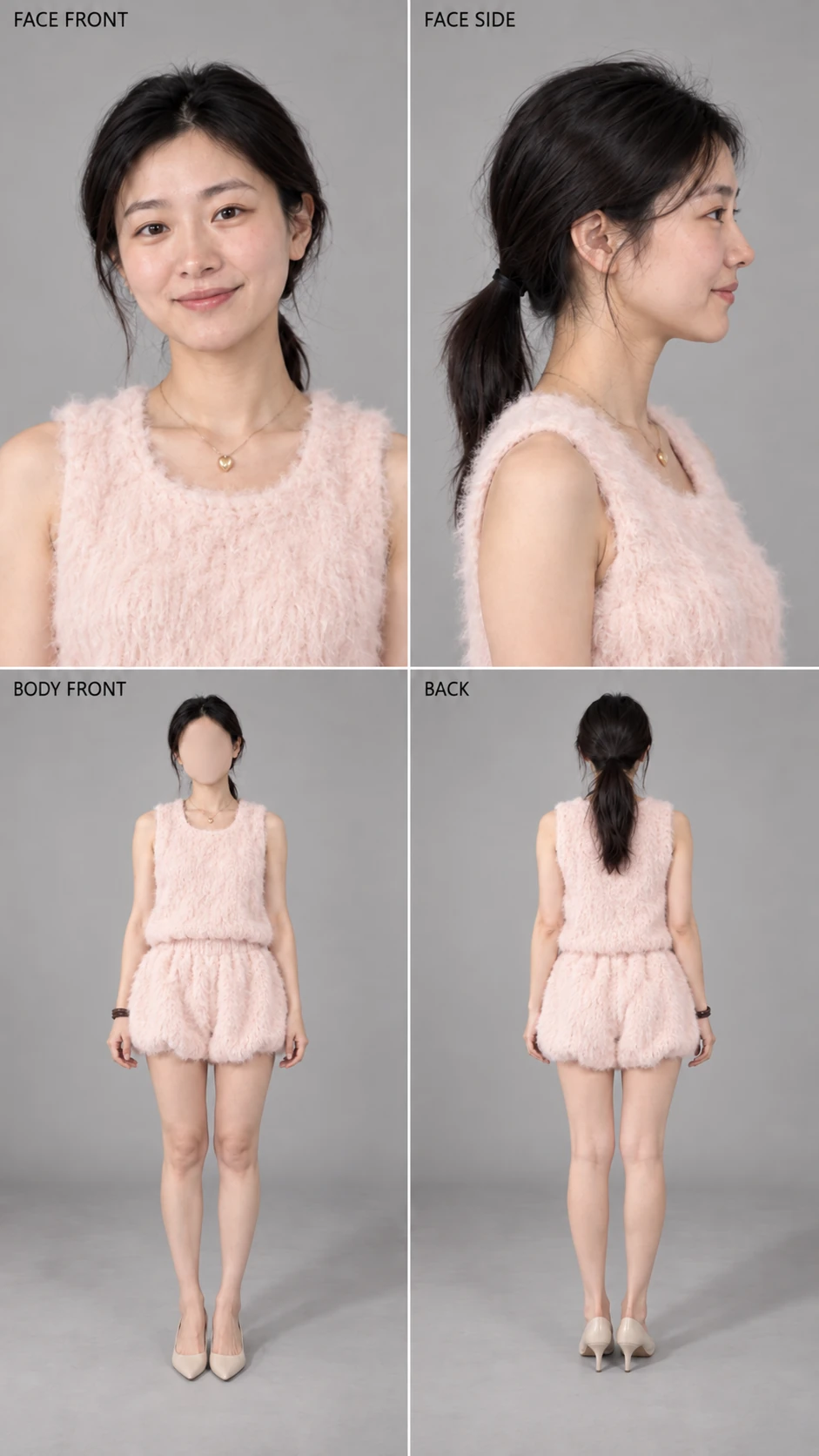 图四：同一虚构人物换成粉色服装后的四视图
